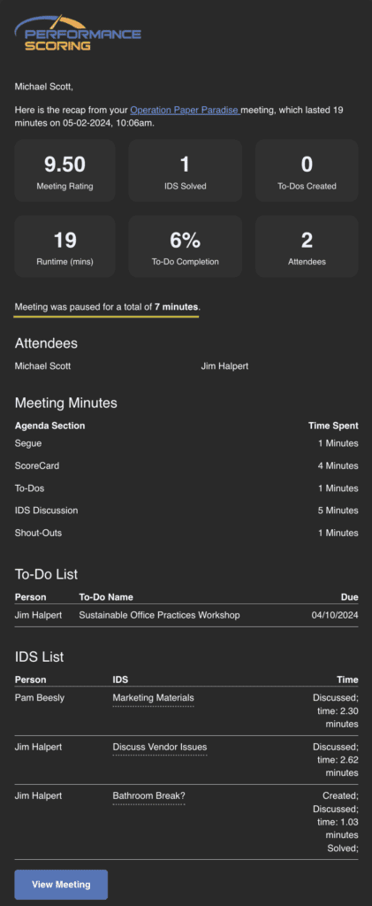 Meeting Minutes Recap Email Showing Meeting Break